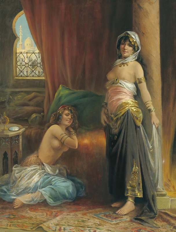 an oil painting depicts two women in an orientalist setting. the standing woman is partially nude, wearing a white headscarf, gold necklace, gold bracelets, a pink and white bodice, and a dark skirt with gold embellishments. she holds a sheer white fabric in her right hand. the seated woman is also partially nude, wearing a blue skirt and gold jewelry. she sits on a rug with a bed and green pillow in the background. a table with a mirror sits to the left, and a window with a view of a dome is visible. a red curtain hangs behind the standing woman, and a pillar stands to her right.