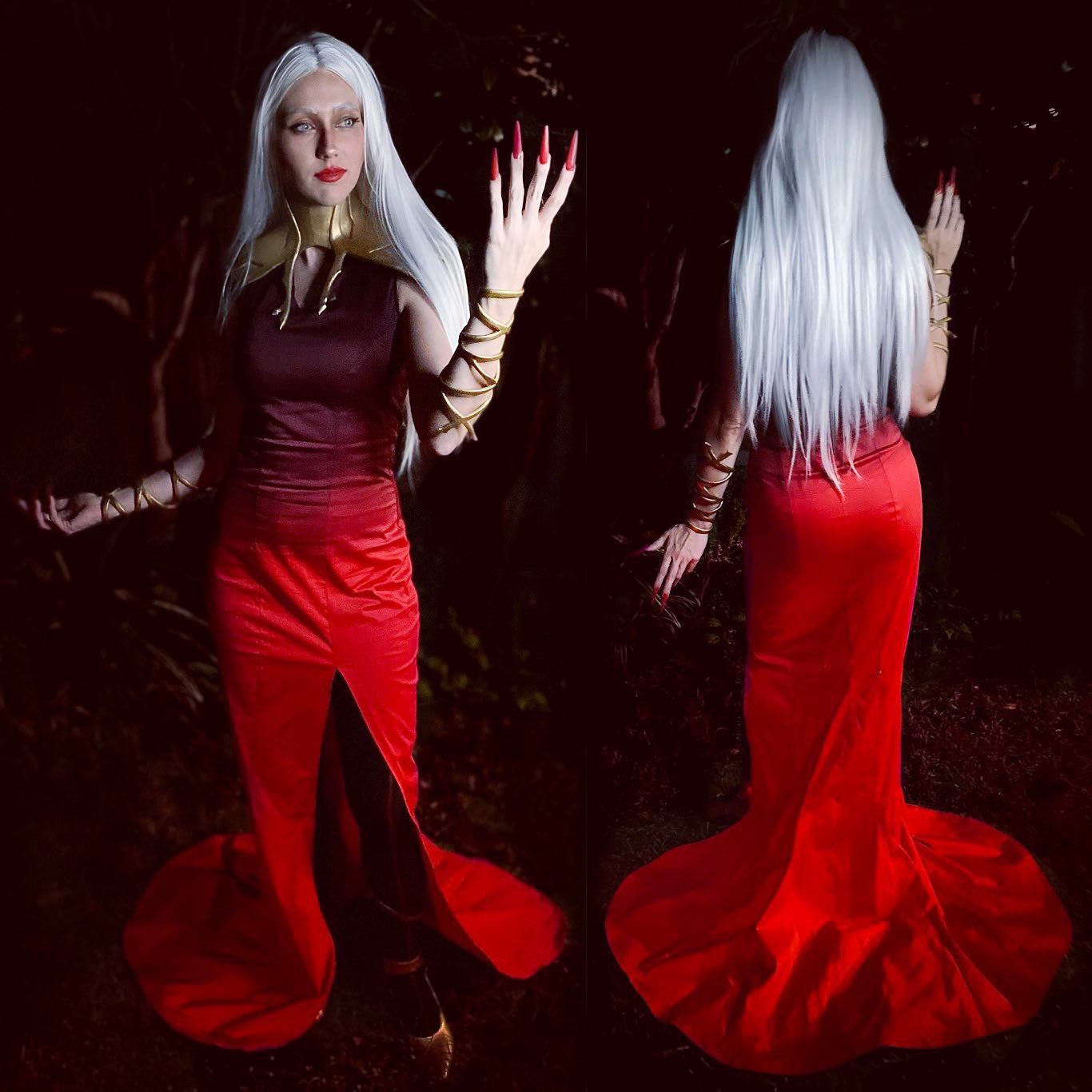 a captivating cosplay photoshoot showcasing a woman dressed as a sorceress or witch.  the image presents a double exposure or a diptych, with the front and back views of the cosplayer. she is wearing a stunning red gown with a high slit, and long white hair. gold jewelry adorns her wrists and neck.  her long, red fingernails add to her mystical appearance. the setting is dark and mysterious, enhancing the fantasy feel of the photograph. the overall mood is one of power and magic.