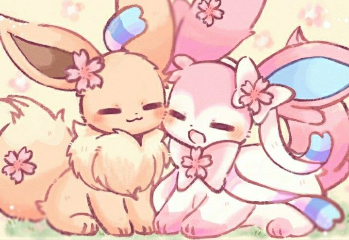 the image is a piece of adorable fanart depicting two pokémon: eevee and sylveon. both are drawn in a chibi style, with exaggerated large eyes and soft features.  they are pastelcolored, with eevee in soft orange and sylveon in pink. both are adorned with small cherry blossoms or sakura flowers, adding to their sweet aesthetic.  they are positioned close together, appearing to be hugging or snuggling, creating a feeling of warmth and friendship. the overall style is very soft and gentle, reminiscent of kawaii art.  the background is a soft, light yellowpink, suggesting a calm and peaceful setting.