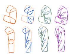 the image shows eight different sketches of an arm bending, demonstrating the anatomy and form of the arm in different positions. each sketch uses a different colored line and varying levels of detail, highlighting the muscles and structure of the arm.