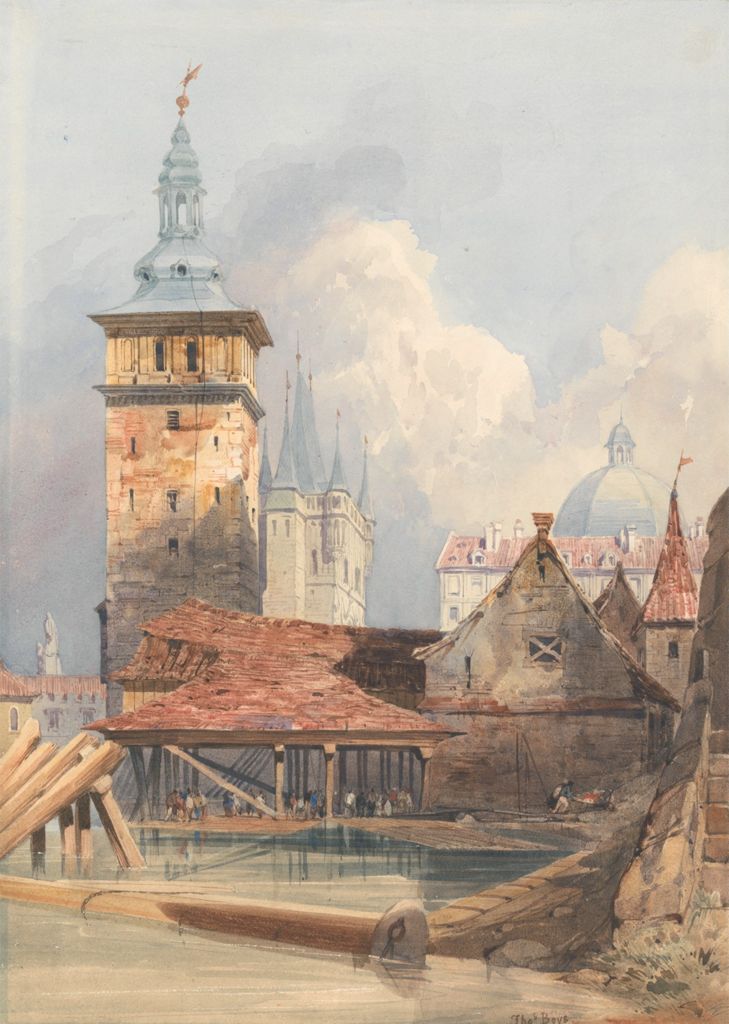 a watercolor painting depicts a city scene with various buildings, including a prominent tower with a pointed spire, other buildings with rooftops and a dome, a bridge, and a body of water with people and reflections. the sky is filled with clouds.