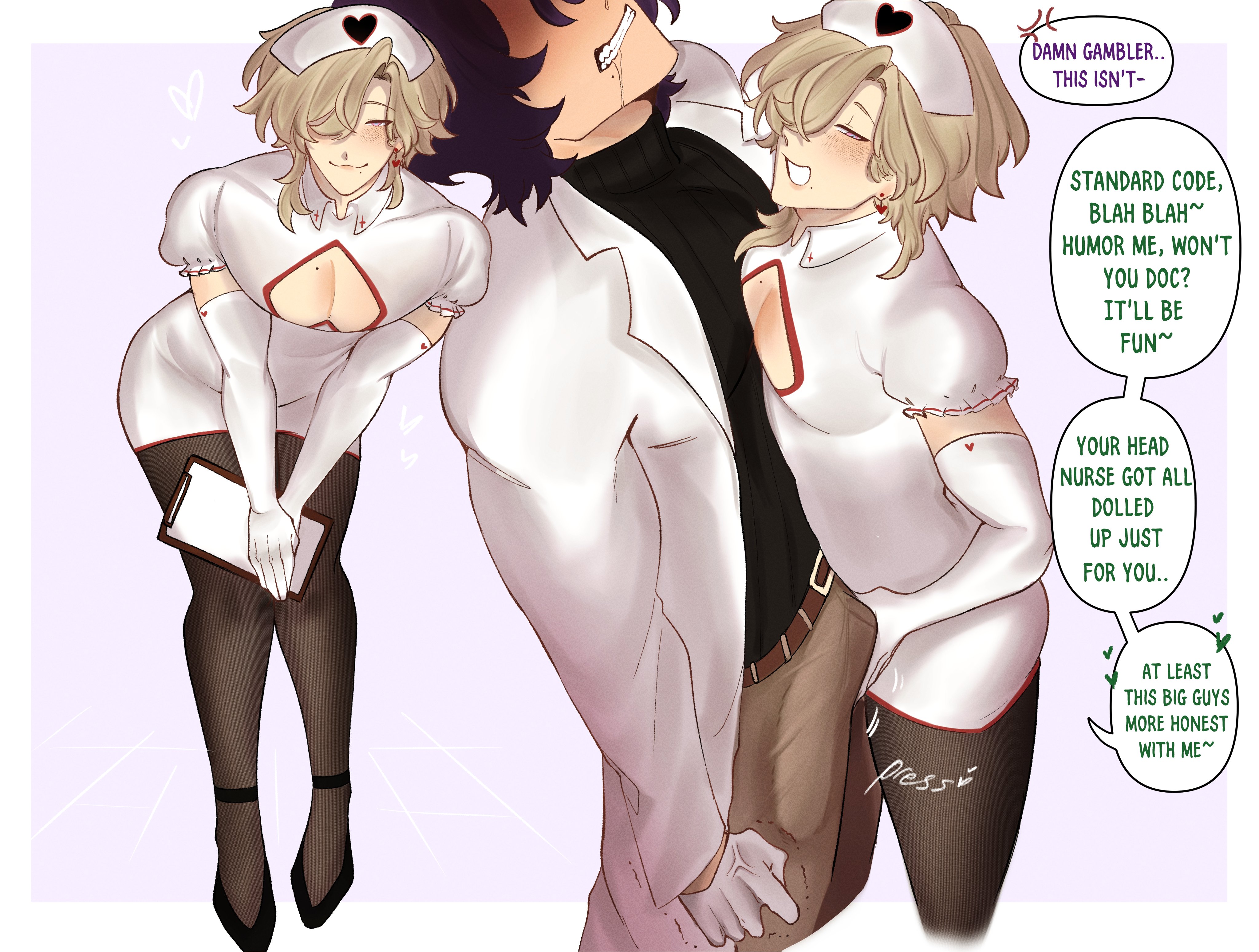 the image shows a drawing of two men, one dressed as a nurse and the other as a doctor. the nurse has blonde hair and is wearing a short, white dress with a heartshaped cutout at the chest. they are also wearing black stockings and black high heels. the doctor is wearing a white coat over a black suit. there are speech balloons above their heads, containing dialogue.