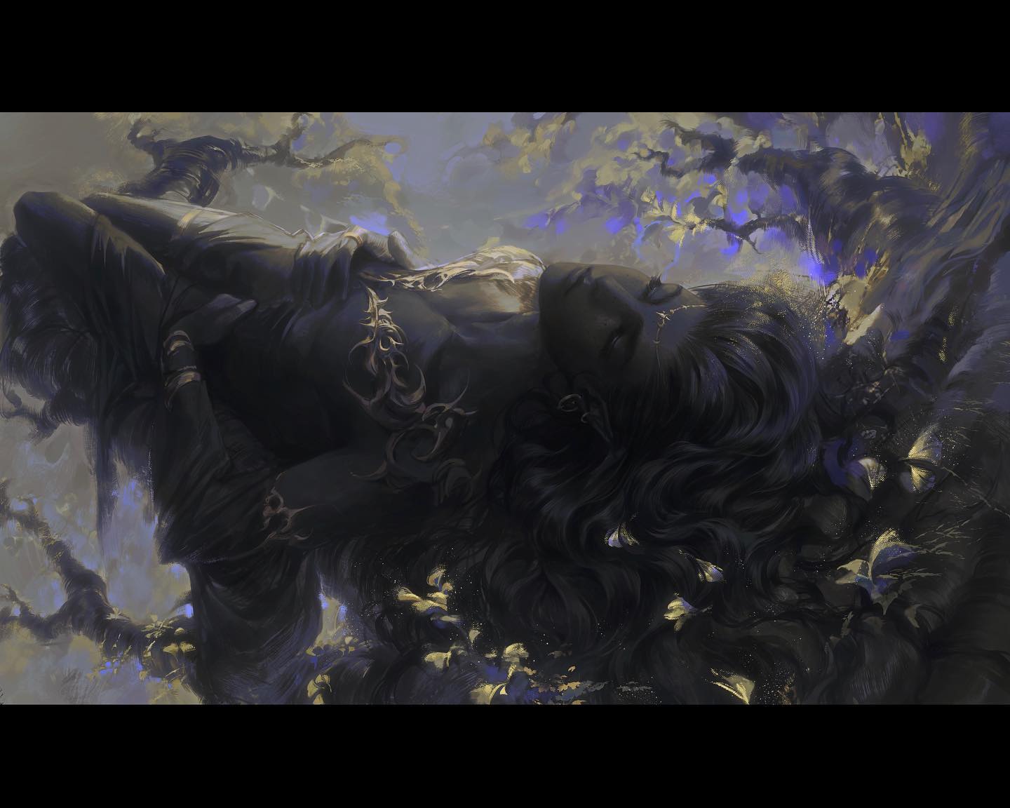 the image portrays a dark elf male lying peacefully on a gnarled tree branch. his eyes are closed as if in slumber. he's dressed in dark clothing with intricate details and wears ornate jewelry. his long, black hair cascades around him, blending with the shadows of the forest. the scene is bathed in cool, ethereal moonlight that filters through the branches, creating a mystical and serene atmosphere.