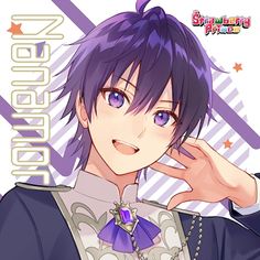 a digital illustration of a young animestyle man with vibrant purple hair and matching eyes. he's dressed in an elaborate outfit with a purple gemstone broach, suggesting he might be a performer. his friendly demeanor is accentuated by a gentle smile. the background features a pattern of stripes and stars.