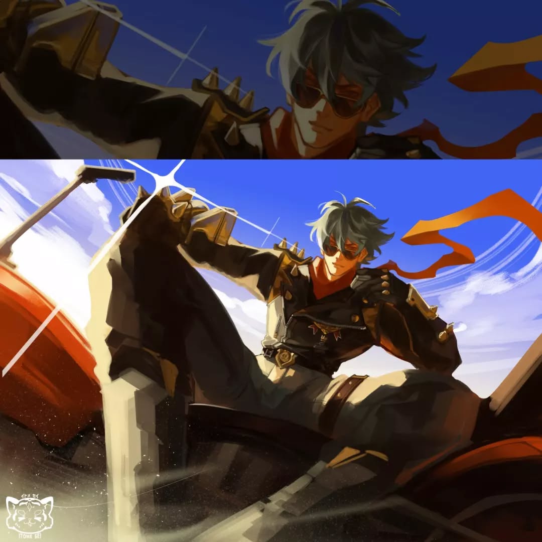 the image is a dynamic digital painting or illustration likely fanart depicting a male anime/mangastyled character. he is a bikertype character wearing a dark leatherlike jacket adorned with studs and other futuristic elements, sunglasses, and an orange scarf trailing behind him.  he's seated astride a partially visible, red and darkcolored motorcycle. the pose is energetic and suggests high speed, with motion blur and dust effects enhancing the sense of movement. the background features a clear blue sky with some clouds, suggesting a daytime outdoor setting. the art style is sharp and vibrant, characteristic of many modern anime and video game character illustrations.