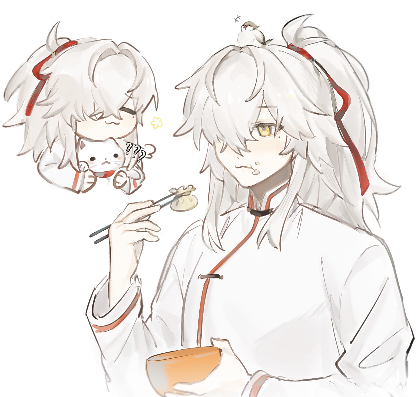 this illustration features a cheerful anime character with white hair, wearing a white shirt with a red collar, holding a bowl in one hand and chopsticks in the other, eating a dumpling. a bird is perched on her head and a cat is sitting on the back of her hand, watching the food with a curious expression.
