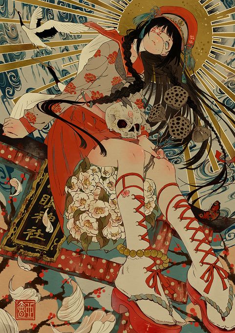 the image is a detailed and artistic painting featuring a woman in traditional asian clothing. she is seated with a skull resting against her leg, which is adorned with white flowers. she is wearing intricately designed leggings tied with red ribbons and sandals with beads. in the background, there are elements such as a crane in flight, sun rays emanating from behind her head, lotus pods, and a butterfly. the style is reminiscent of japanese art.