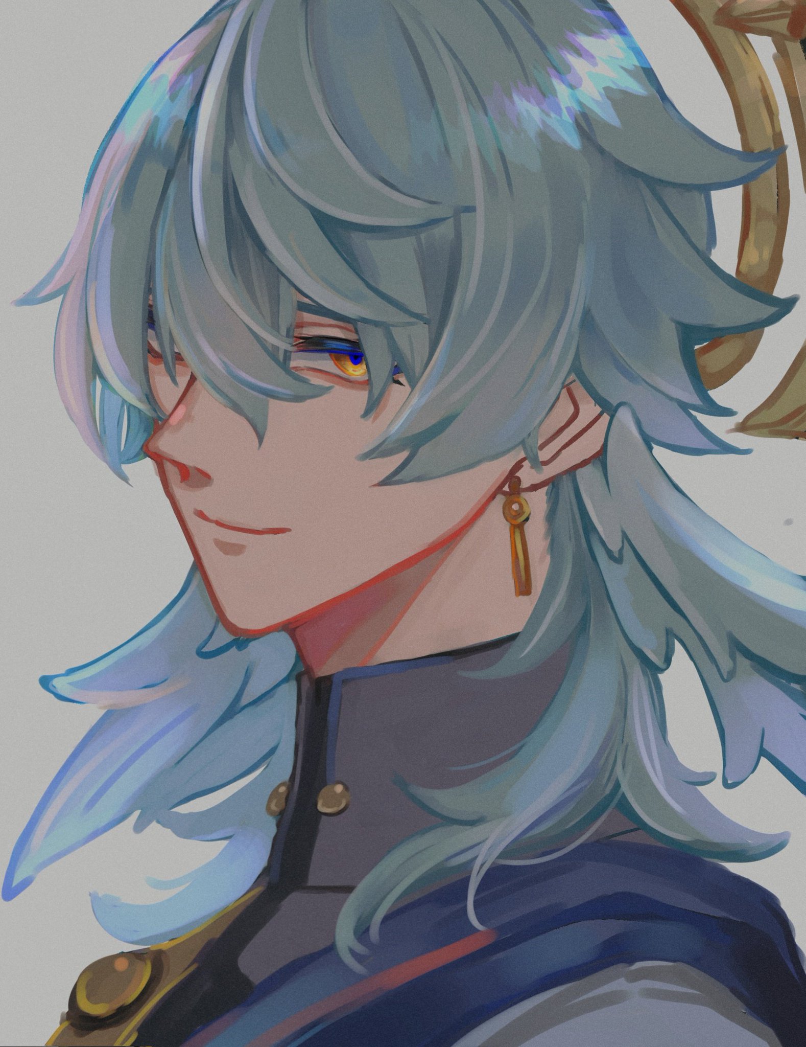 this is a digital illustration of a young male anime character with long, flowing blue hair. he has golden earrings and piercing blue eyes. he is wearing a dark blue and white outfit with gold accents. he is smiling softly and looking to the side. the background is a simple gray.