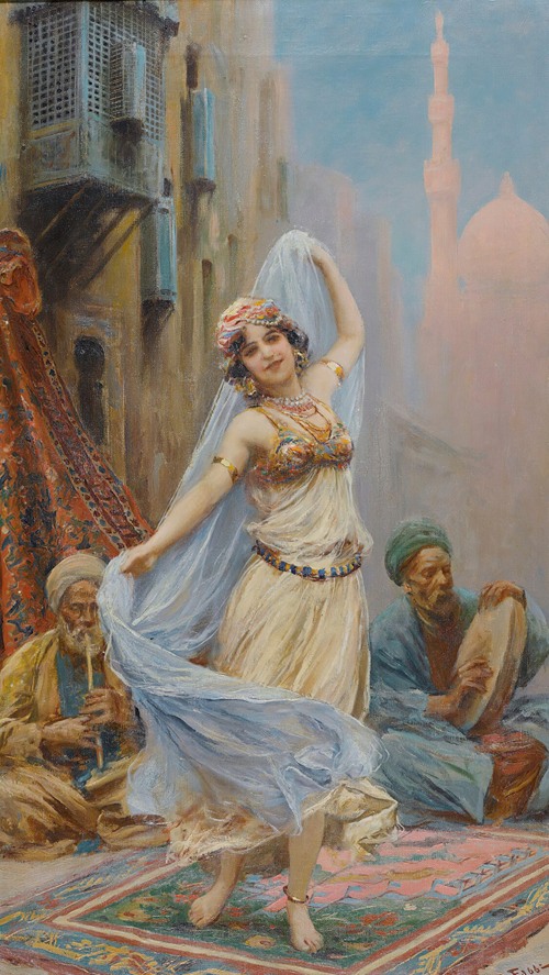 this is a painting in the orientalist style, depicting a belly dancer with a sheer veil, gracefully dancing for two musicians in what appears to be a middle eastern setting. one musician plays a wind instrument, and the other plays a hand drum. the scene takes place on a carpet in a city street with architectural features reminiscent of the middle east. in the background, a minaret from a mosque is visible. the dancer is wearing traditional clothing and jewelry. the overall impression is exotic and romanticized.