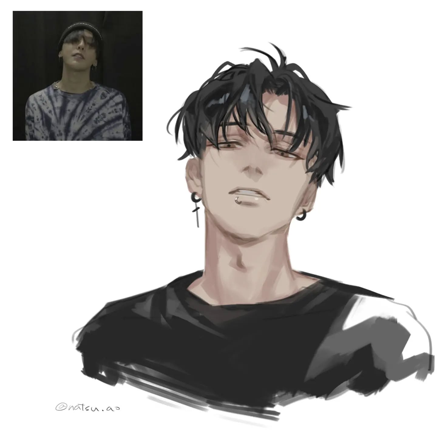 the image is a digital fanart depicting a stylized animeesque portrait of a young man.  he appears to be inspired by a kpop idol (a photograph of whom is shown in a small inset image in the upper left corner).  the artwork features a realistic approach to shading and skin tones, but the overall style is distinctly artistic and less photorealistic. the young man has short, dark hair, earrings (one with a cross pendant), and a lip piercing. he is wearing a darkcolored, highnecked shirt. the artist's signature (@natsu.a3) is visible in the bottom left. the style blends realism with anime conventions, resulting in a captivating, unique portrait.