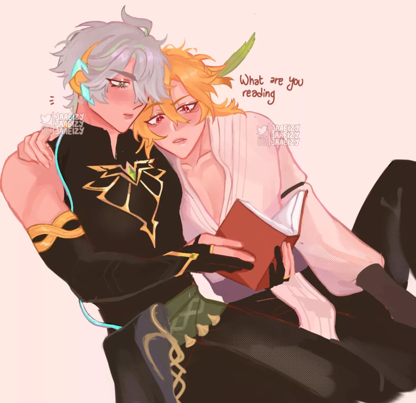 the image is a digital illustration of two anime boys in a loving embrace. the boy on the left has silver hair and is wearing a black outfit with gold accents. he is gently holding the boy on the right, who has blonde hair and is wearing a white shirt with a red book. the two boys are looking at each other with affectionate expressions. the background is a soft pink color, and there are some hearts floating around the couple. the image is full of romantic energy and hints at a close relationship between the two boys.