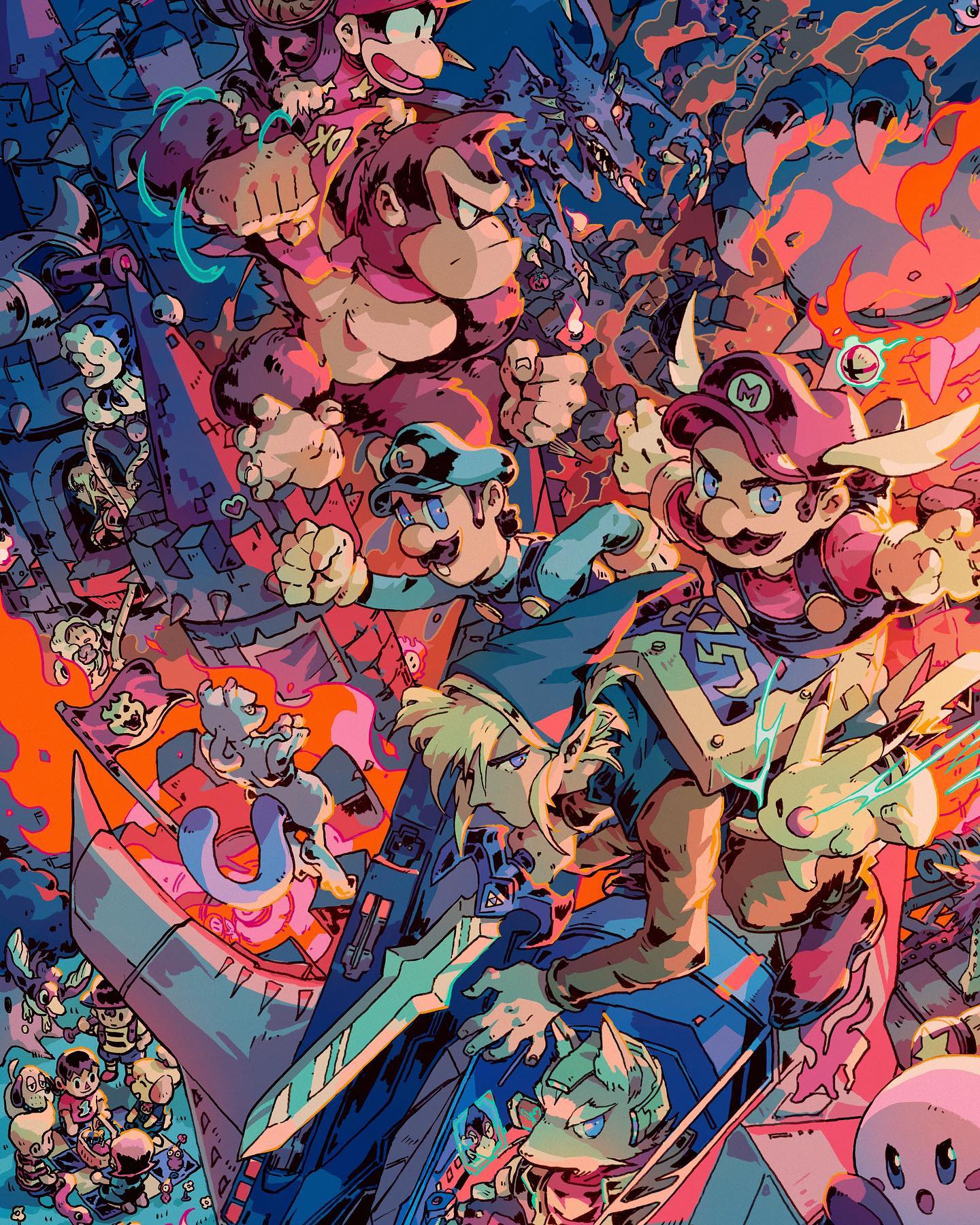 the image is a vibrant and chaotic illustration featuring a large ensemble cast of iconic nintendo characters.  the style is reminiscent of both pixel art and modern comic book art, with bold outlines and saturated colors.  the central focus seems to be a dynamic battle scene.  characters prominently featured include mario, donkey kong, link, and kirby, among many others, all engaged in a complex, actionpacked scene with machines and energy effects. the overall feeling is one of intense, fun energy, suggesting the collaborative nature of a video game crossover like super smash bros.