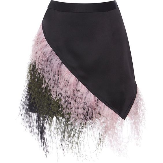the image shows a black, asymmetrical skirt adorned with pink and green feathers. the skirt has a smooth black fabric on the main body with the feathers creating a textured trim along one side and at the hem.