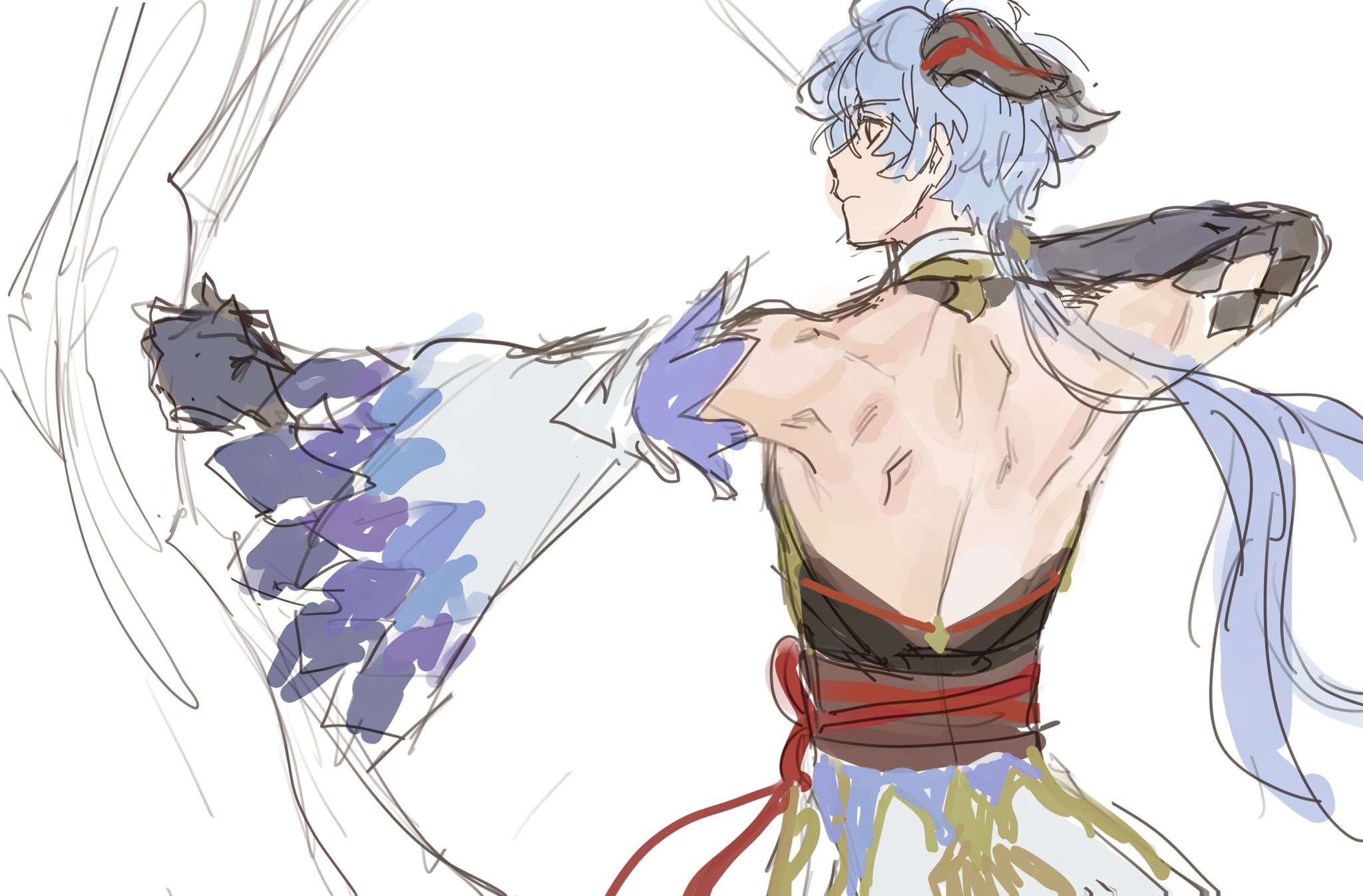 a rough sketch of an anime character. the character is a male with blue hair and a bow and arrow. he is drawn in a standing pose, facing away from the viewer. the character is wearing an outfit that is a mix of blue, white, and gold. the background is white.