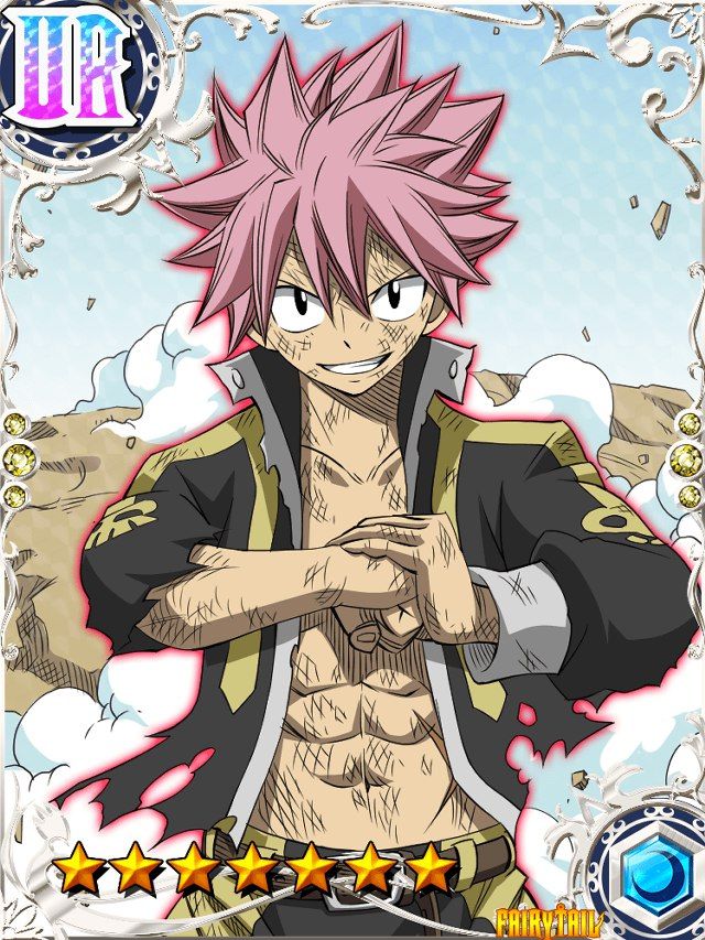 the image features natsu dragneel, a main character from the popular anime and manga series fairy tail. he is depicted in a serious and determined pose, with his signature pink hair, black jacket, and muscular physique. natsu's eyes are narrowed, and his mouth is slightly open, as if he is ready for battle.  the image is rendered in a vibrant and dynamic style, capturing the action and energy of the fairy tail universe.
