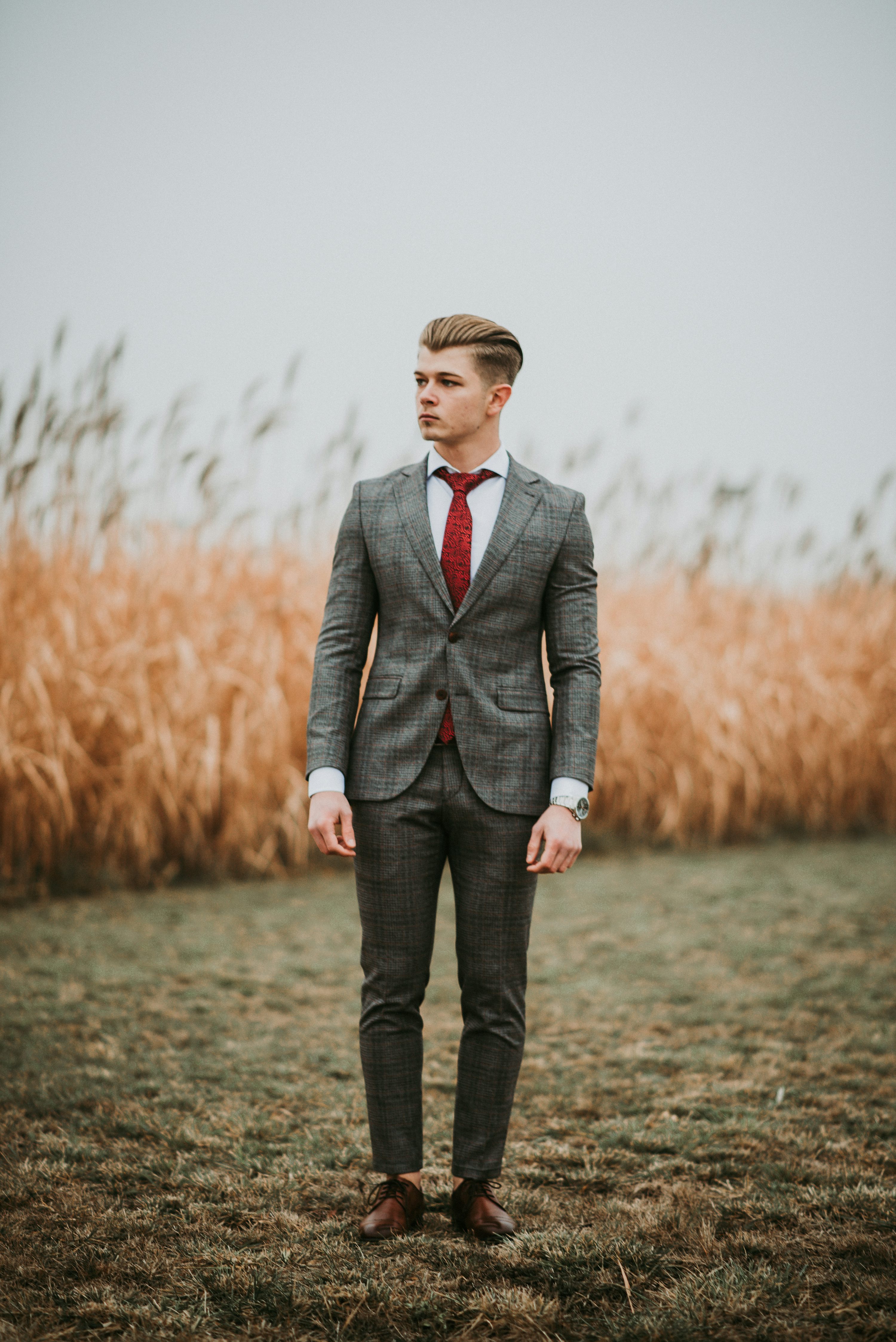 a young, handsome man in a stylish gray checkered suit and red tie stands in a field of tall, dry grass.  he is looking off to the side, with a serious and confident expression. the setting is outdoors, on an overcast day. the overall mood is sophisticated and elegant.