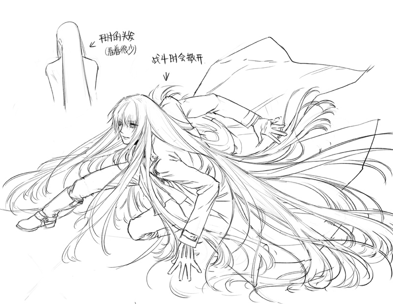 a sketch of an anime girl with long white hair that is blowing in the wind. the hair is drawn in a very detailed and flowing manner, and the girl's face is obscured by her hair. the sketch is done in black and white, and the lines are very thin and delicate. the girl is wearing a long coat and pants. the sketch is very dynamic and conveys a sense of movement and energy.