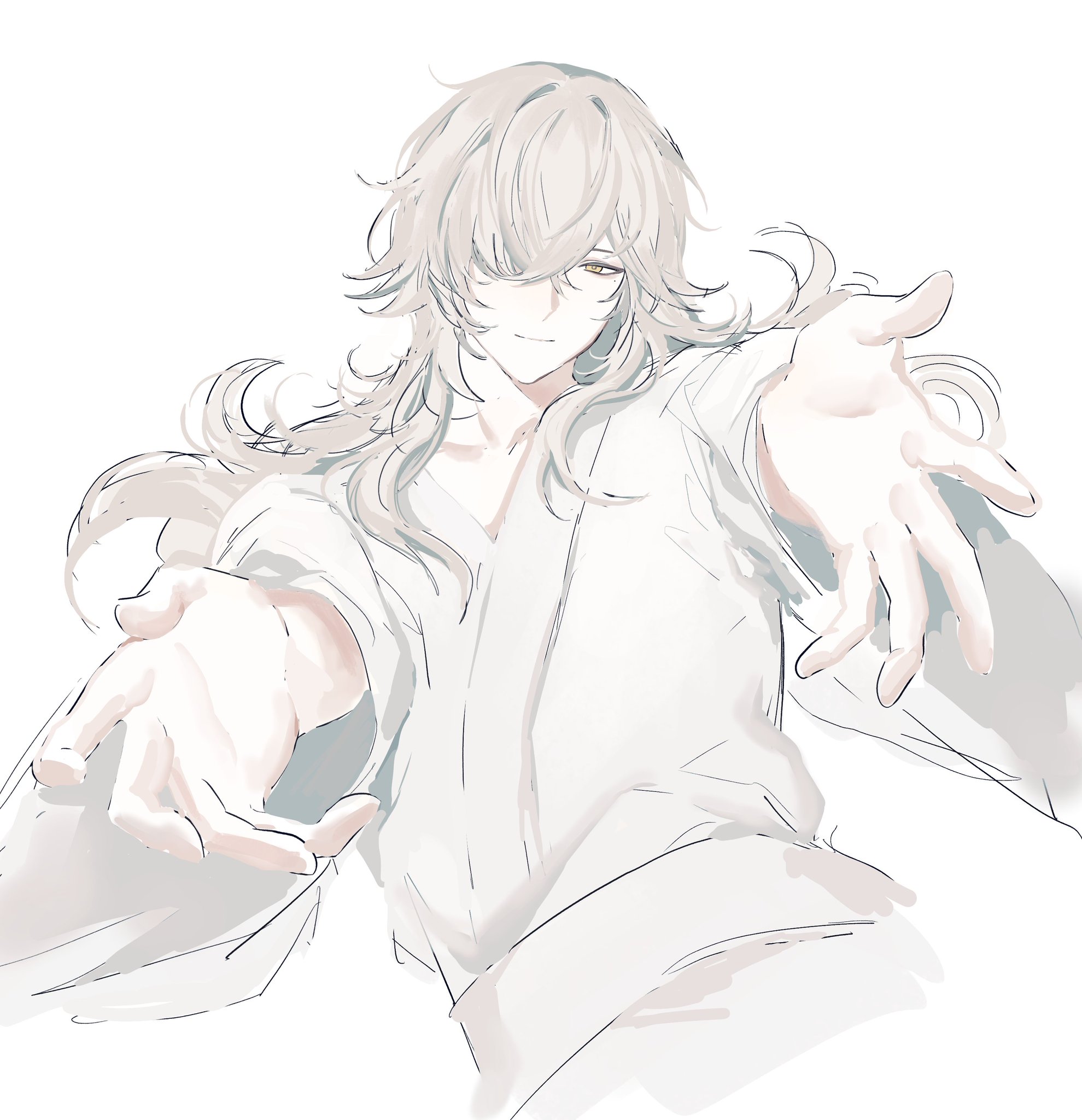 this is a digital illustration of an anime male character with long white hair. he is wearing a white shirt and is reaching out with both of his hands. the art style is soft and delicate, and the character has a gentle and inviting expression. the background is plain white, which helps to draw attention to the character.