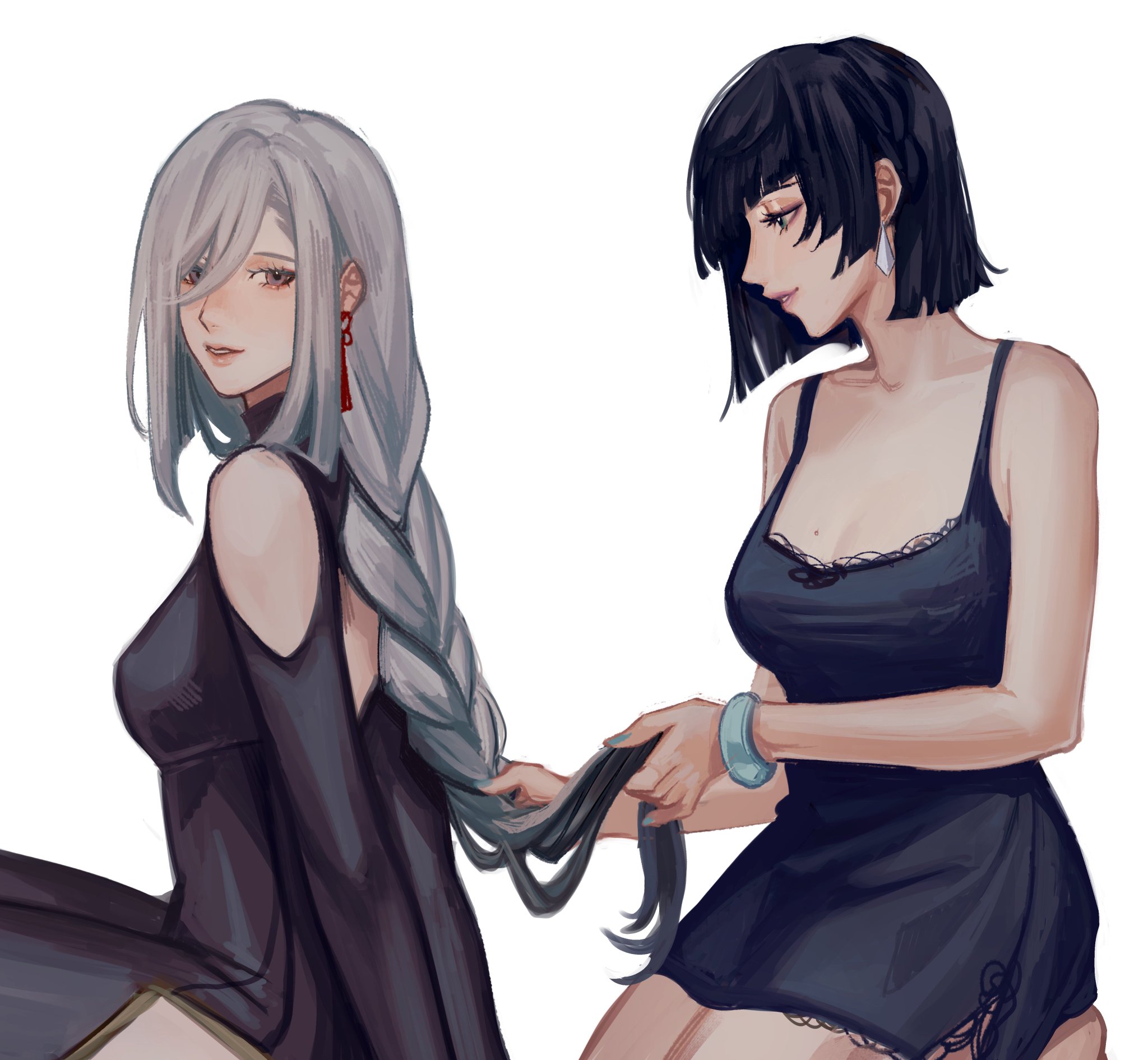 the image is a beautiful animestyle illustration of two female characters, one with long white hair wearing a black dress with a cutout shoulder, and the other with short black hair and a black dress with a scoop neck. the girl with the black hair is braiding the girl with white hair's long hair. both girls have delicate features and look happy and carefree. the illustration is done in a soft, pastel color palette and the overall impression is one of warmth and friendship.