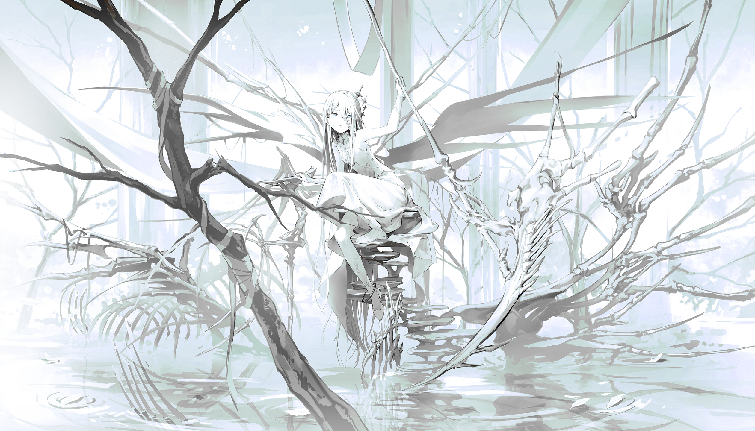 an anime girl with long white hair, a crown, and a white dress sits barefoot on a stone structure surrounded by water in a monochrome fantasy forest. she holds a scythe, and the trees around her have bony structures. the water's surface reflects the surrounding environment, creating a surreal and pale atmosphere. the image is an artwork illustration.