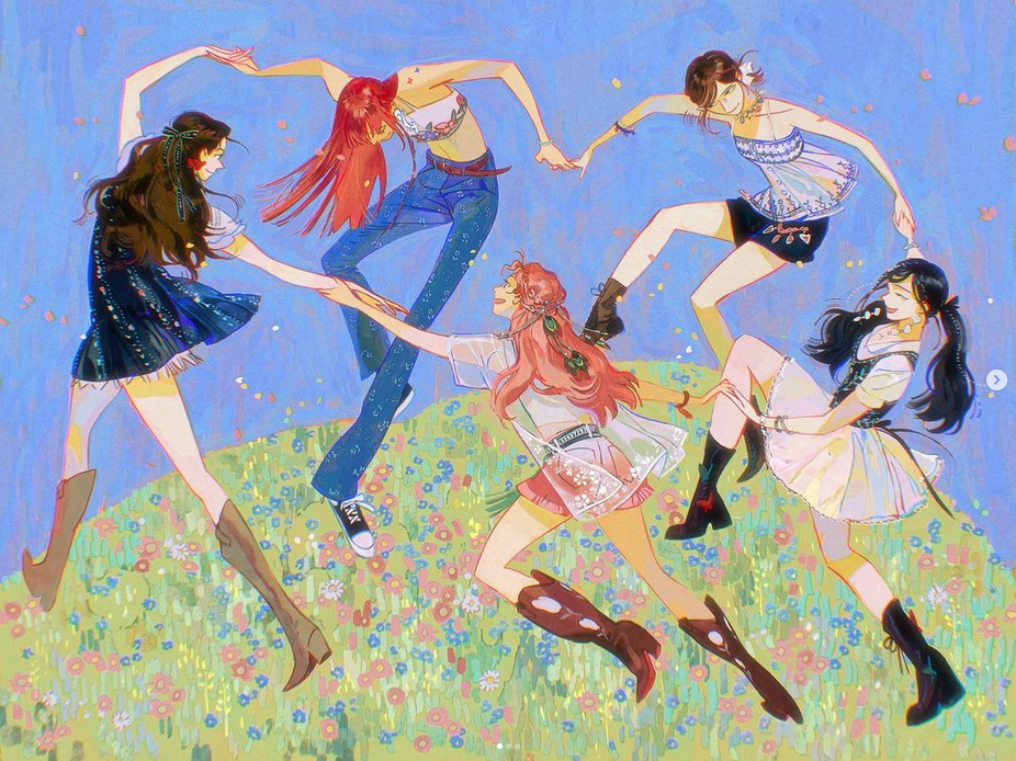 this illustration is a whimsical depiction of a group of anime girls dancing joyfully in a field of flowers. the girls are all wearing brightly colored clothes and are smiling broadly, with their arms and legs outstretched in graceful movements. the background is a soft blue, with white and yellow accents, creating a feeling of warmth and light. the overall impression is one of carefree joy and summer fun.