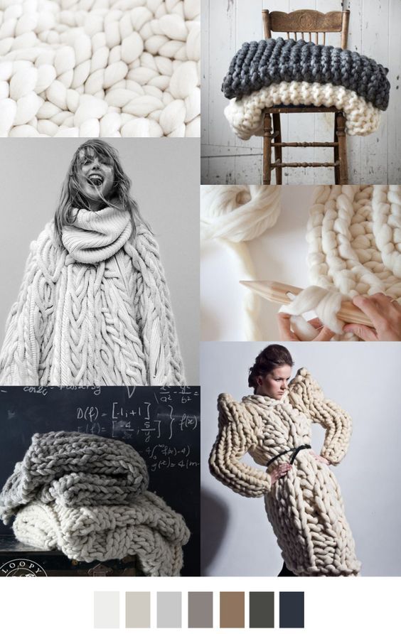 this image is a collage featuring different knitted items. the collage is comprised of six images showcasing various styles, textures and colours of knitwear. the first image shows a closeup of a white knitted fabric. the second image shows a white knit blanket folded over a dark grey knit blanket, on a wooden stool. the third image is a close up of a knitter's hand stitching two pieces of white knit together. the fourth image is a woman wearing a thick white knitted sweater with a relaxed and oversized look. the fifth image is of a pile of thick knit blankets with grey and white colour. the sixth image is of a woman wearing a white knit dress with huge knitted sleeves,  wearing a black belt and posing in a photo shoot.  below the collage is a row of 8 colour swatches, showing the main colours used in the collage; they are: white, beige, grey, brown, grey, black, blue.
