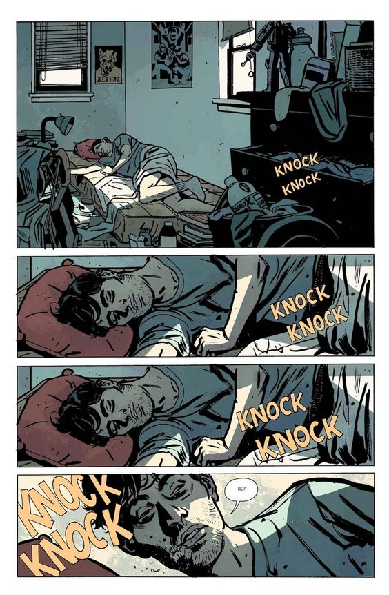 this is a comic book panel featuring a man sleeping in his bed. there are multiple sound effects of "knock" as someone knocks on the door outside. there is a window behind the man and the bed. the room is dark with the shadow of a silhouette. the man is waking up. the panel is filled with dialogue.