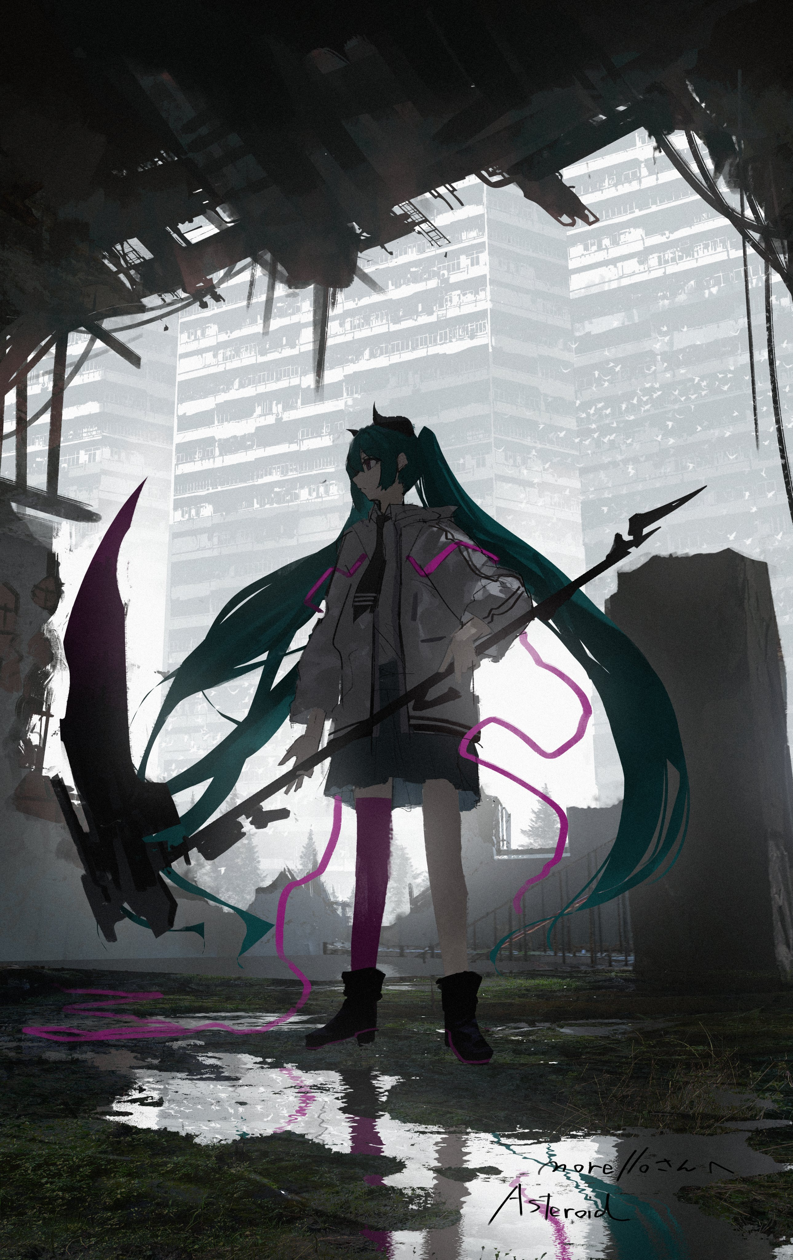 an animestyle female character, likely hatsune miku, stands amidst the ruins of a destroyed city, holding a large, futuristic scythe with a glowing purple blade. the scene is dimly lit, with tall buildings visible in the background, adding to the postapocalyptic atmosphere.