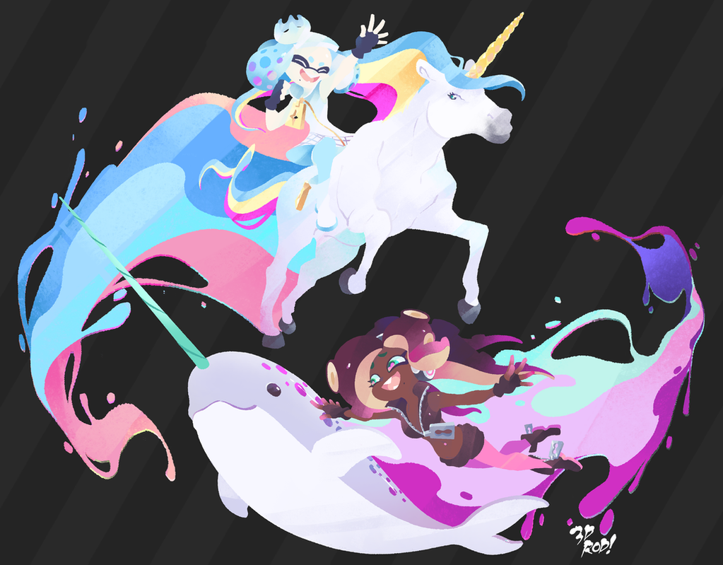 this is a digital illustration of two inkling girls riding a unicorn and a narwhal. the inkling girl on the unicorn is wearing a white and blue outfit, and the inkling girl on the narwhal is wearing a black and red outfit. they are both riding their respective creatures through a swirl of colorful paint. this is a cute and magical illustration that is sure to appeal to fans of splatoon.