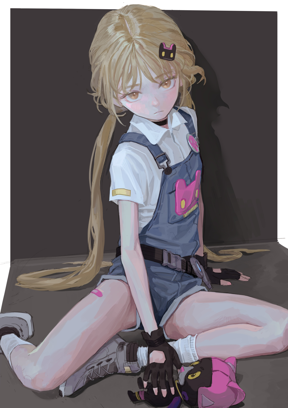 an anime style illustration depicts a young girl with blonde hair, styled in a low ponytail, sitting indoors. she's wearing denim overalls over a shortsleeve white collared shirt with a black chocker and a black belt. fingerless gloves adorn her hands and her feet are clad in socks and shoes. beside her sits a plushie.