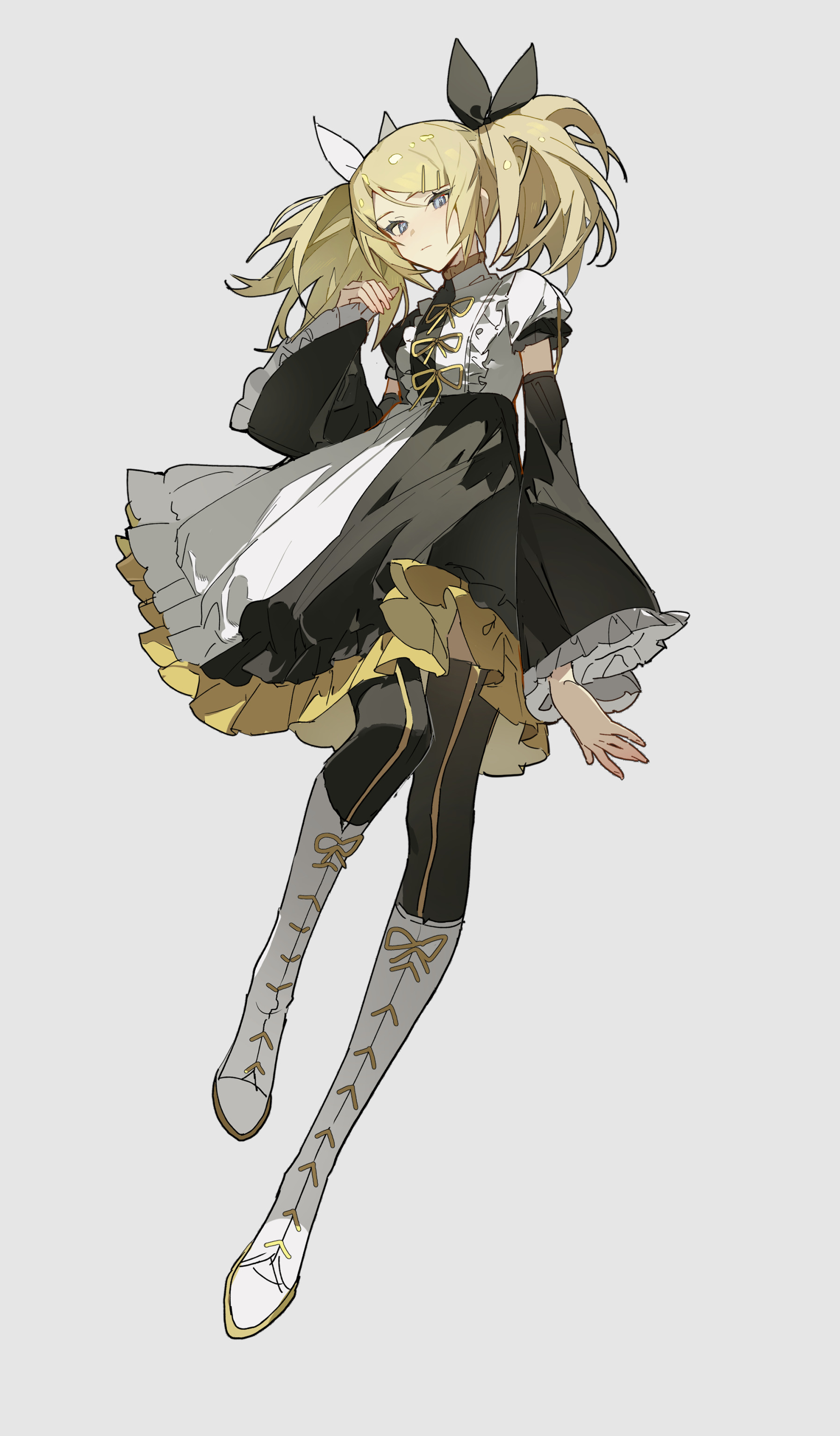 a fullbody illustration of a cute anime girl with blonde hair styled in pigtails, each adorned with a bow. she has light blue eyes and wears a black and white maidstyle dress with ruffled details and ribbons. her legs are covered in black tights with gold stripes, and she wears light grey kneehigh socks decorated with gold arrows and bows, along with white boots that have gold trim. she is positioned midair against a plain white background.