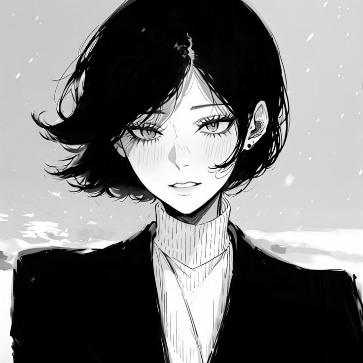 a black and white illustration of an anime girl with short black hair, wearing a black jacket and a white sweater. she looks serious, and the background features snow. the drawing is minimalist in style, focusing on the girl's face and expression.