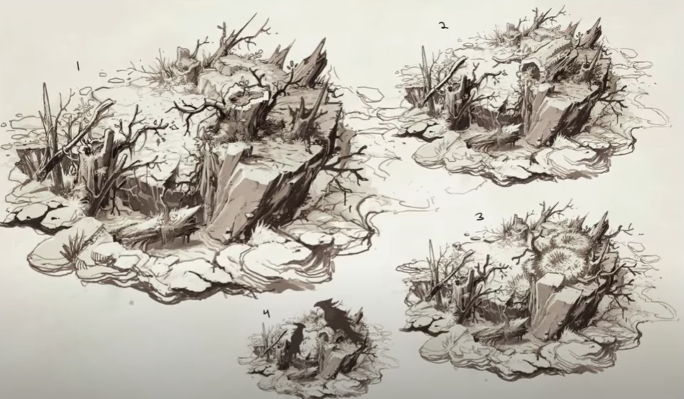 the image shows four different sketches of a ruined structure in a swampy environment. they appear to be concept art for a video game, possibly depicting potential ingame assets. the ruins are made of stone and wood, and they are covered in moss and vines. the surrounding environment is overgrown with trees and bushes. the overall color palette is muted and earthy, with a focus on browns, greens, and grays.