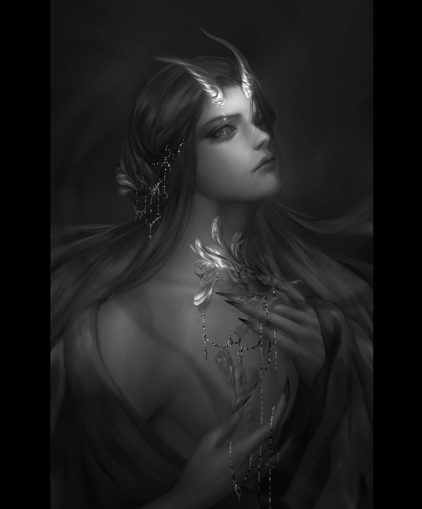 the image is a black and white portrait of an androgynous person with horns, suggesting a demon or otherworldly being. they have long flowing hair adorned with delicate, shining jewelry. a stylized flower with clawlike petals is held at their chest, also adorned with shimmering chains. the lighting is soft and ethereal, creating a sense of mystery and otherworldliness.