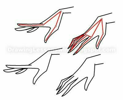 the image is a drawing tutorial on how to draw hands. it shows four different hand poses, with the top two featuring a red skeletal guide for understanding hand anatomy. the bottom two are finished outlines of the hands in similar poses.