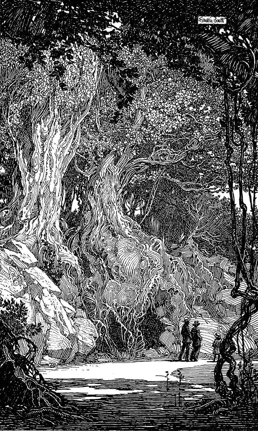 this is a vintage illustration, most likely from a book, showing two people walking through a forest with a river in the foreground.  the artwork is done in a style resembling woodcutting or etching where lines are used to create form and depth.