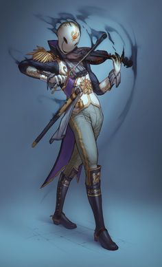 the image showcases a character concept design for a fantastical violinist. the figure is slender, with pale skin and masked face, clad in an elaborate outfit of purples, golds, and creams. their instrument is seemingly crafted from dark energy or magic, mirroring the shadowy tendrils emanating from their form. the pose is dynamic, capturing the musician in midperformance. the background is a simple gradient of blue, focusing attention on the character and their otherworldly instrument.