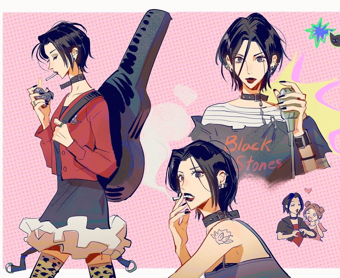 the image features three anime girls in different punk rock styles. the girl on the left is holding a guitar case and a lighter and has a cigarette in her mouth. she is wearing a red shirt with a white collar and a black skirt with white lace trim. she also has black hair with bangs and black choker. the girl in the center is smoking a cigarette and has a tattoo of a lotus flower on her arm. she is wearing a black shirt with white stripes and a black choker. the girl on the right is standing with another girl with her arm around her. they are both wearing black shirts and have black hair. the background is pink and the image is drawn in a manga style.