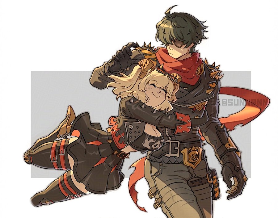 the illustration depicts a dynamic and affectionate scene between a male and female animestyle character. the male character, with green hair and an eyepatch, wears a steampunkinspired outfit with spiked armor and a red scarf.  he is powerfully built and is gently holding a smaller, blonde female character who is joyfully hugging him. the female character has a more delicate build and is dressed in a similarly styled outfit with black and orange accents. the style is reminiscent of digital art and fanart, with a focus on detailed character design and dynamic posing. the background is muted to allow the characters to be the focal point, highlighting the warmth and connection between them. the overall atmosphere is one of adventure and romance.