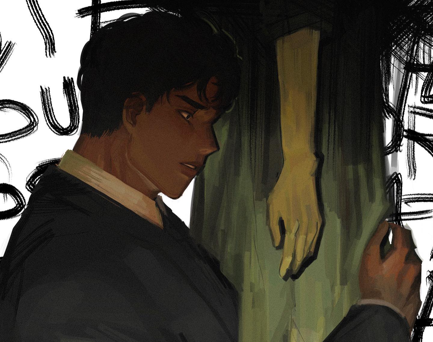 the image depicts a man in a dark suit reaching out with his hand towards what appears to be a ghostly figure. the figure is partially obscured by shadows and has a pale, greentinged appearance. the scene is set in a dimly lit room, with a sense of mystery and intrigue surrounding the interaction between the man and the ghost. the artwork is rendered in a digital style, with a focus on dramatic lighting and the use of shadows to create an eerie atmosphere. the image suggests a possible encounter with the supernatural, leaving the viewer to wonder about the circumstances surrounding the interaction.