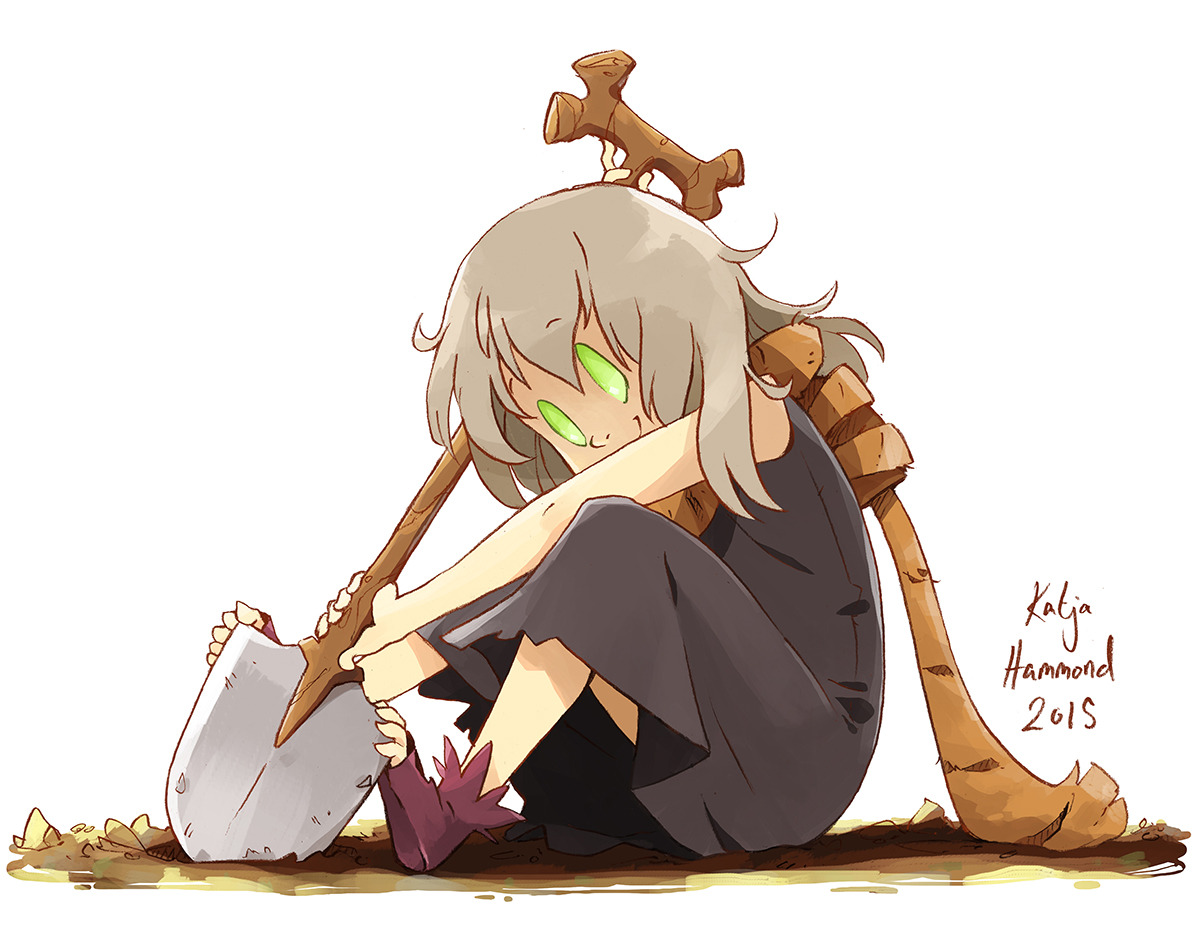 a young girl with large green eyes and light grey hair is sitting on the ground and digging a hole with a shovel.  she is wearing a dark grey dress and purple shoes. her shovel has a distinct wooden handle that resembles a spine. there is a pile of dirt next to the hole she is digging.  the background is white.