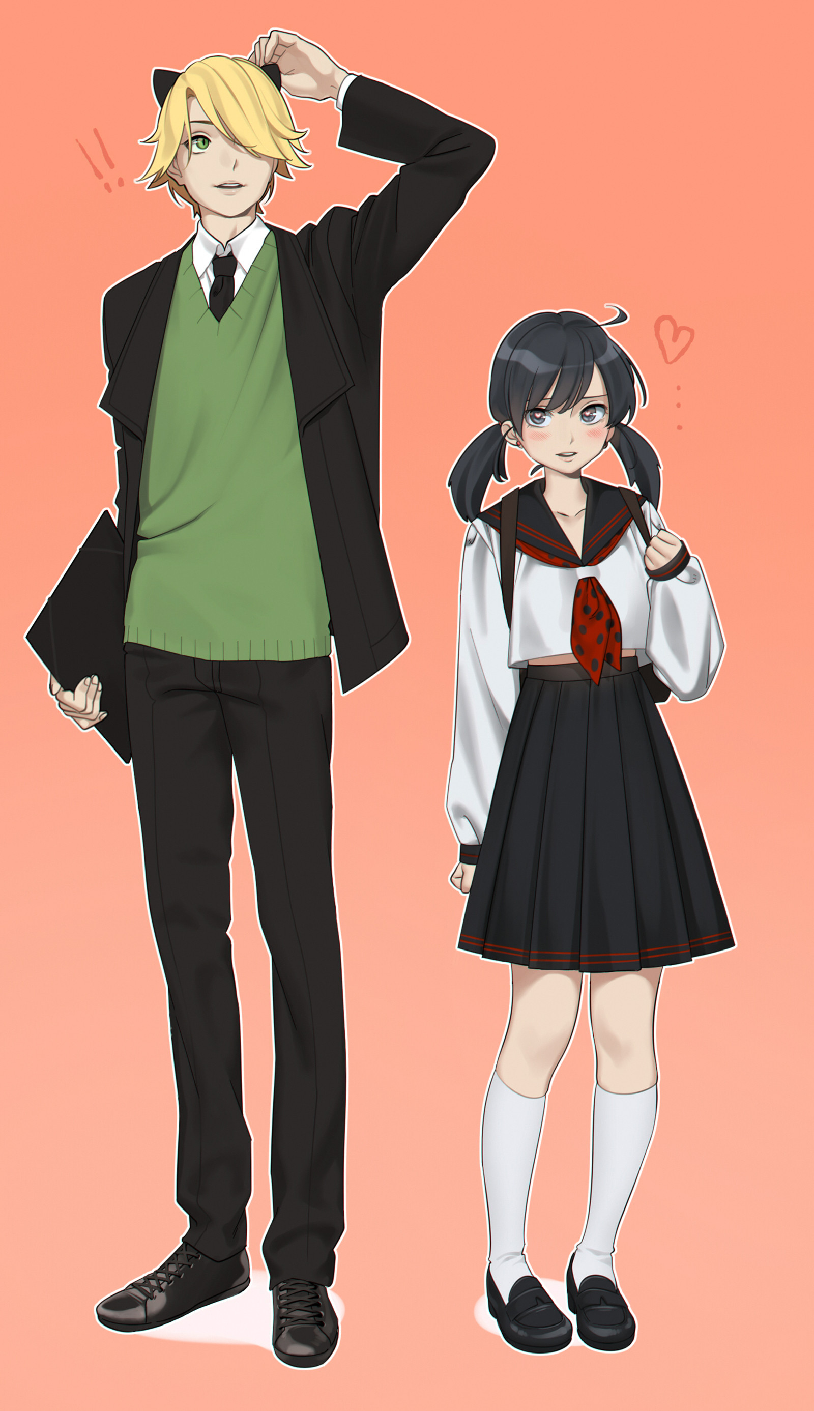 the image showcases characters adrien agreste and marinette dupaincheng from the animated series miraculous: tales of ladybug & cat noir, stylized in a semirealistic anime aesthetic. adrien, noticeably taller, is dressed in a preppy ensemble consisting of a dark green sweater vest over a light green buttondown, paired with a black tie, black pants, and black dress shoes. he holds a black portfolio in his left hand and adjusts his blond hair with his right, a slight blush gracing his cheeks. marinette, radiating a shy demeanor, dons a modified version of her usual attire. this includes a white sailorstyle top with a red ribbon tied as a necktie, a black pleated skirt reaching midthigh, white kneehigh socks, and black mary jane shoes. her raven hair is styled in her signature pigtails, and a small pink heart floats beside her head, hinting at a possible romantic undertone. the background features a solid, pale peach color, further emphasizing the characters.