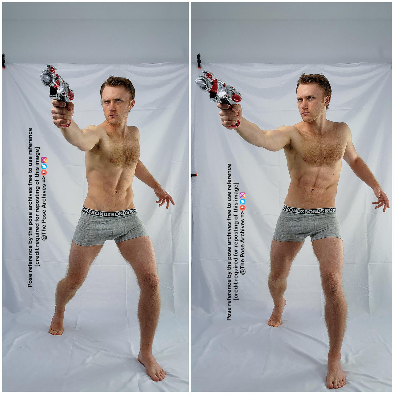 a man in his underwear is holding a ray gun, striking a dynamic pose. the white background suggests he's in a studio setting.