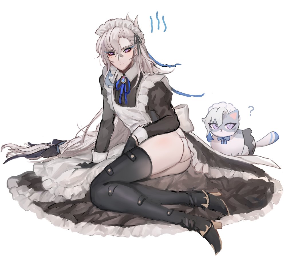 the image is of a girl with long white hair and blue eyes dressed in a maid outfit, sitting on the floor. she's wearing black thighhigh stockings and a black