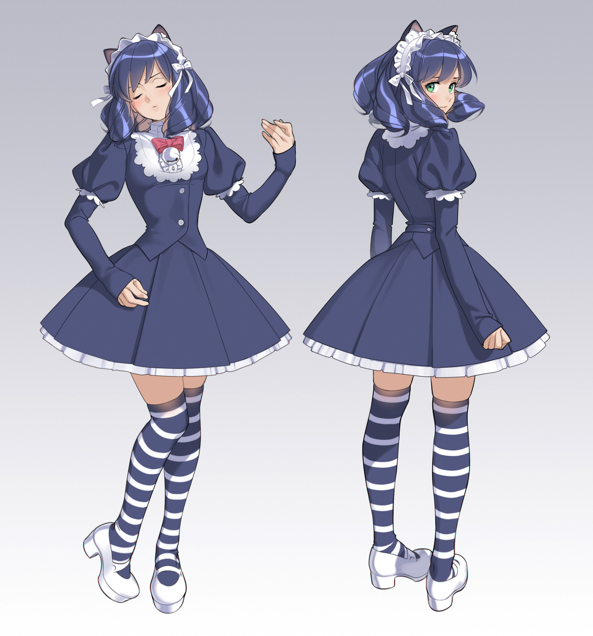 a front and back view of a female anime character design is presented against a plain gray background. the character has blue twintails, cat ears, and is wearing a blue and white lolitastyle dress with matching cat ear headband, white thighhigh socks with black stripes, and white shoes with black accents.  the pose is dynamic, with one hand on her hip and the other slightly raised.