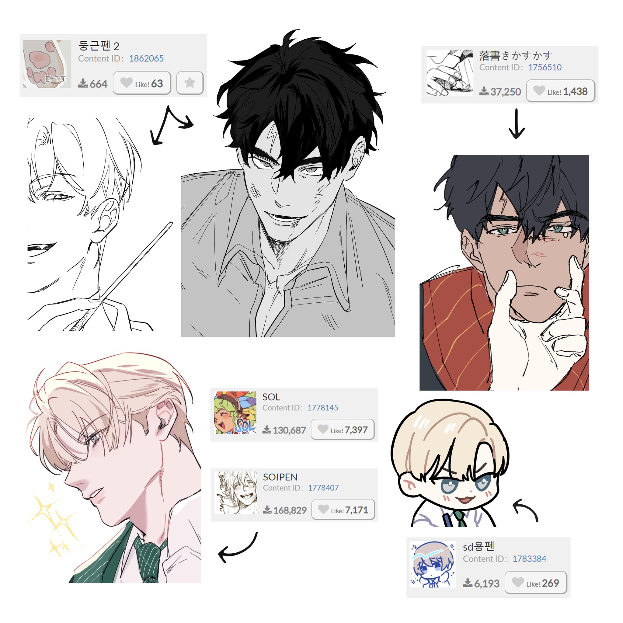 he image showcases a collection of digital artwork featuring various male characters in different stages of development.  the top section presents a grayscale sketch of a man's head and shoulders, followed by a more finished version of the same character with added details and shading.  another section shows a character, initially in a more casual style, then a more polished version with added color.  the bottom section contains a less detailed and stylized version of a male character. each artwork is accompanied by information such as the content id and number of likes, suggesting it is sourced from a social media platform. the overall style of the artwork is reminiscent of anime or manga, characterized by stylized features and expressive lines. the progression of the drawings illustrates the design process from rough sketch to refined illustration.