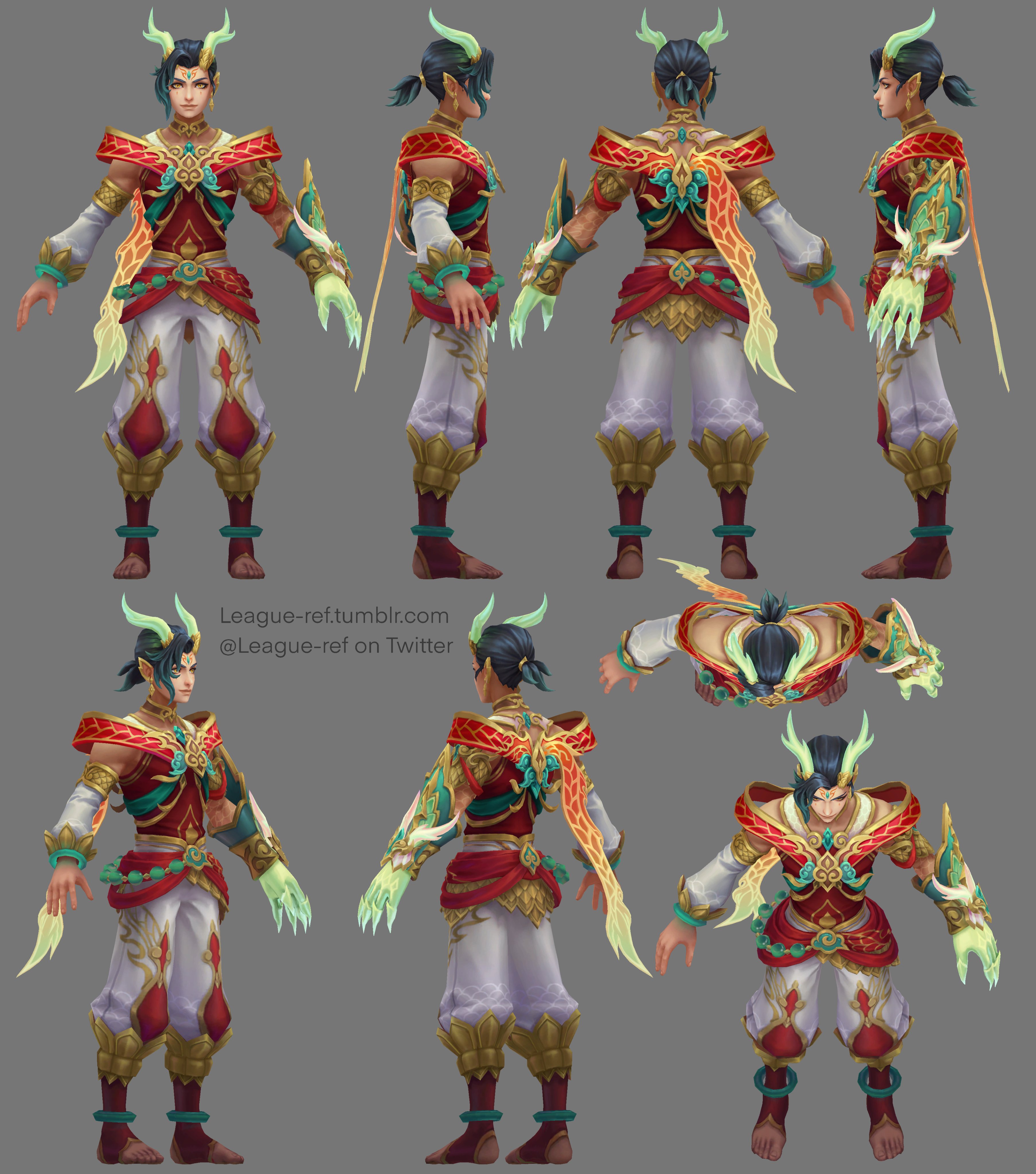 the image presents a comprehensive model sheet for a male character, likely from the video game league of legends, showcasing a new skin or champion concept.  the sheet offers multiple views (front, back, side, threequarter) of the character in a detailed, elaborate outfit that incorporates elements of a chinese dragon, featuring vibrant red, gold, and green colors.  different poses are shown to illustrate articulation and design details. the bottom displays additional closeup views of clothing elements and accessories.  the watermark suggests the image is from leagueref.