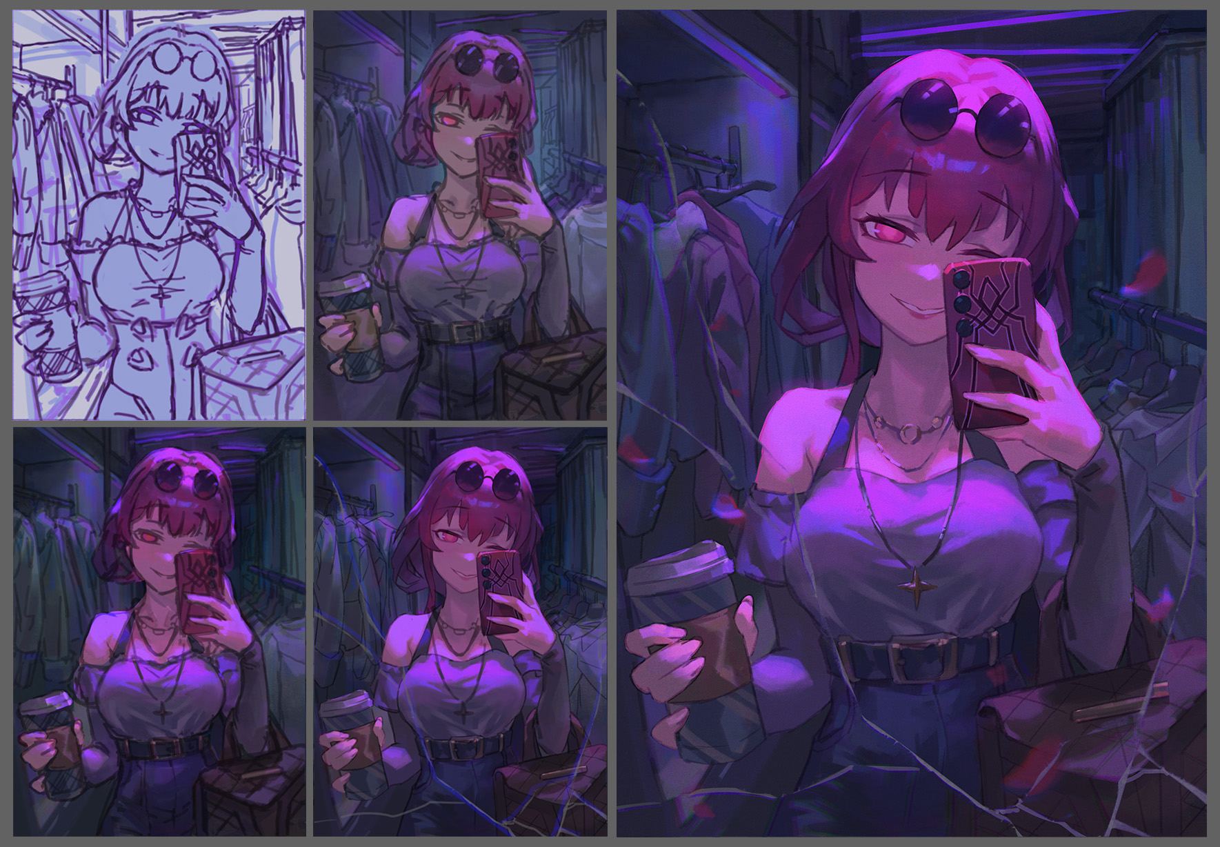 the image is a digital illustration of a woman taking a selfie in what appears to be a dressing room. she is dressed in a shoulderless top, a dark dress with a belt, and wears sunglasses pushed up on her forehead. she has dark hair and red eyes, with a smirk on her face and one eye winking. she is holding a coffee cup in one hand and a mobile phone in the other, posing for the selfie. she wears two necklaces, one with a cross pendant. the background shows a clothing rack with various garments. the image has a dark, moody aesthetic, with purple and blue lighting. a cracked glass effect is visible in the foreground.
