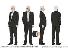 a character design sheet of a man in a suit. the sheet shows the character from the front, back, and sides.
