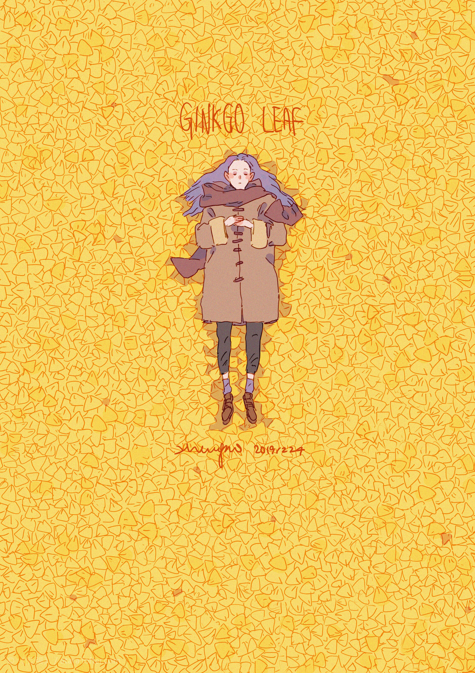 a colorful cartoon drawing of a girl laying on a bed of yellow ginkgo leaves, with the word "ginkgo leaf" written in the upper middle part of the image.
